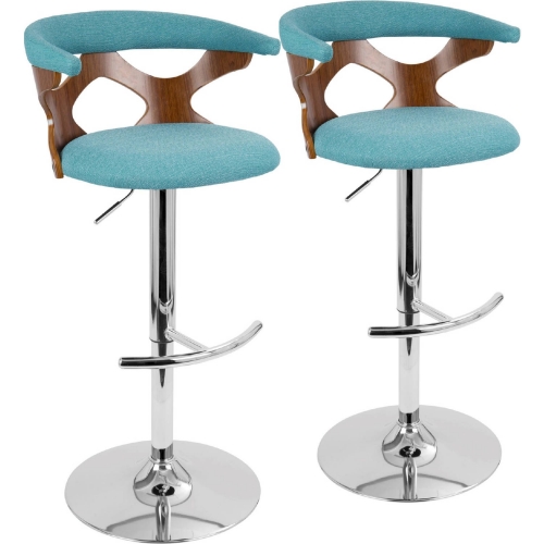Gardenia Adj Swivel Bar Stool in Walnut, Chrome & Teal Blue Fabric (Set of 2)